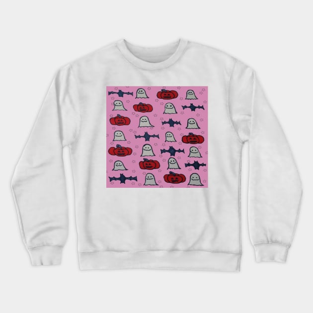 Halloween Ghosts, Bats, and Pumpkins on Pink Crewneck Sweatshirt by DanielleGensler